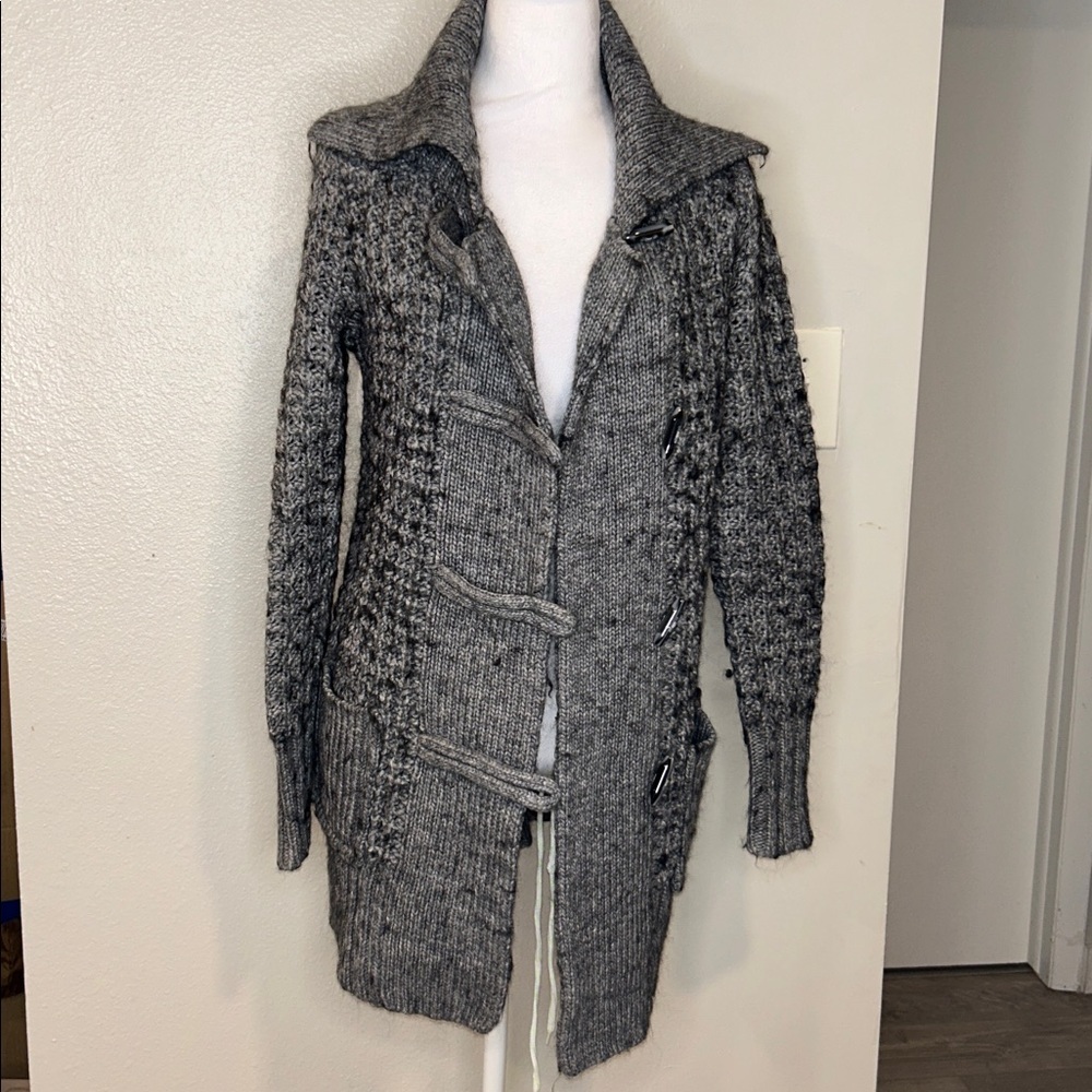 LOFT Gray Cable Knit Cardigan Sweater Dress Shawl Collar Double Breasted Small - Picture 1 of 8